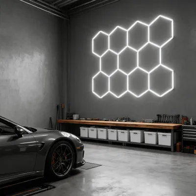 Obrázek produktu pro Stropní světlo XMTECH LED Hexagon - modulární design, 11 panelů, 6500K bílá, připojitelné pro garáž, dílnu, tělocvičnu a autosalon