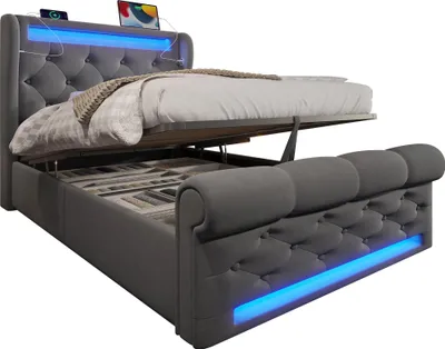 Obrázok produktu pre Čalúnená posteľ jednolôžko 90x200cm, čalúnená posteľ s LED osvetlením, hydraulická úložná posteľ, sivá, zamat, (bez matraca)