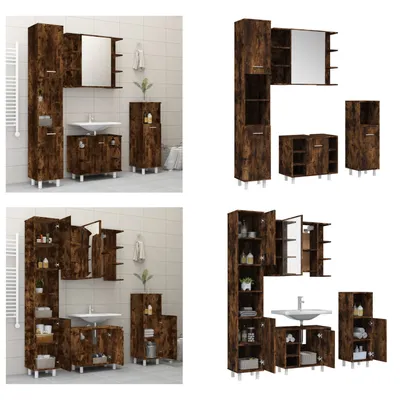 Produktbild von vidaXL 4 tlg. Badmöbel Set Räuchereiche Holzwerkstoff - Badezimmerschrank - Badezimmerschränke - Badezimmermöbel - Badmöbel