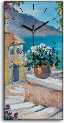 Produktbild von Wanduhr Uhr Wandbild Leinwand 30x60 Ölgemälde Stadt Blumen Meer Himmel - schwarze Hände