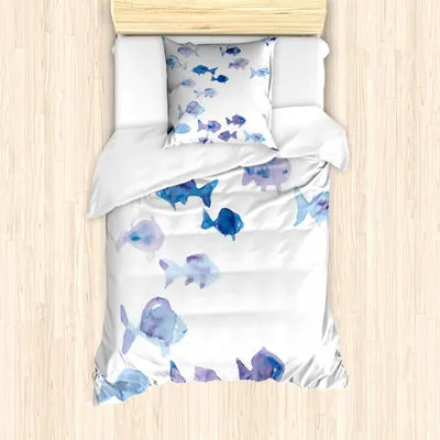 Produktbild von ABAKUHAUS Tier Mantele, Aquarell Fische, Milbensicher Allergiker geeignet mit Kissenbezügen, 135 cm x 200 cm - 80 x 80 cm, Baby Blue Blau Mauve