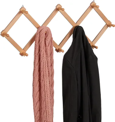 Produktbild von Relaxdays Wandgarderobe Holz, ausziehbare Garderobenleiste, 10 Kleiderhaken, für Jacken, Scherengarderobe faltbar, natur