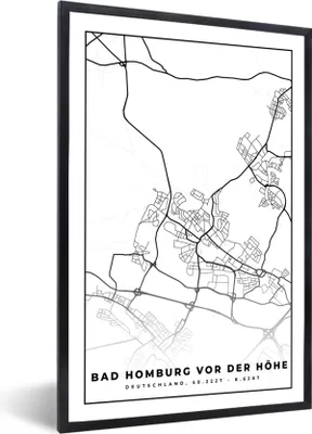Produktbild von MuchoWow® Gerahmtes Poster Bad Homburg von der Höhe - Karte - Stadtplan 60x90 cm - Poster mit Schwarzem Bilderrahmen Wandposter Rahmen Foto Bilder - Kunst