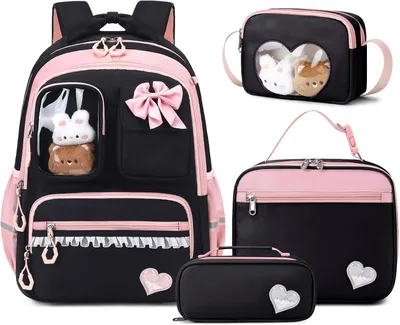 Produktbild von Amythe Schultasche Mädchen Rucksack Kinder 4-teilig, Schwarz Rosa