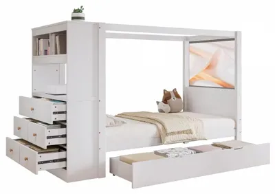 Productafbeelding van Kinderbed - Enkelbed - 90 x 200 cm - Massief hout en MDF - Wit - Opbergruimte met 5 lades op wielen - Veiligheidshek en valbeveiliging