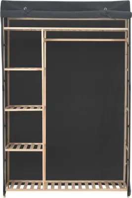 A front view of a fabric wardrobe with wooden frame and shelves.