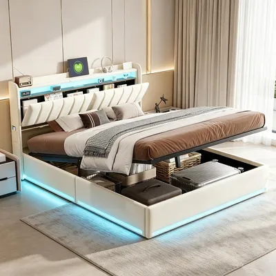 Produktbild von INONEFT Boxspringbett 160×200 mit LED &USB ,Polsterbett mit Stauraum,Hydraulisches Doppelbett, Samt, Beige.