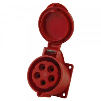 A red electrical socket with its cover open, shown against a white background.