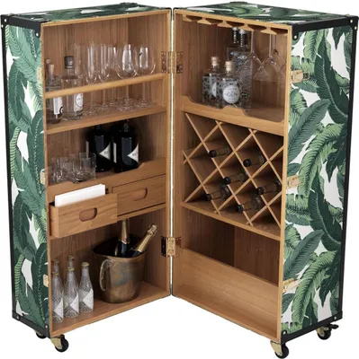 Produktbild von Casa Padrino Luxus Weinschrank mit Rollen Grün / Weiß / Schwarz / Gold 58 x 58 x H. 122 cm - Cocktailschrank - Kofferschrank im Retro Look - Barschrank im Vintage Koffer Design