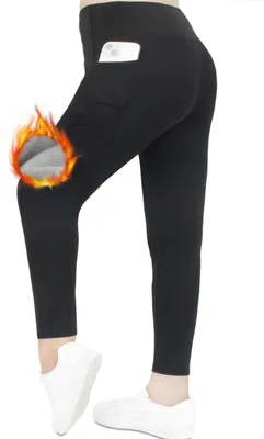 Produktbild von Thermoleggings Übergößen Damen mit Fleece Gefütterte Thermo Leggins Plus Size für Winter High Waist Strumpfhose Kuschelig Warm Elastisch Sport, Schwarz mit Taschen, Größe 4XL/5XL