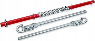 A red tow bar with a silver spring and two silver tow bars with hooks are laid out on a white background.
