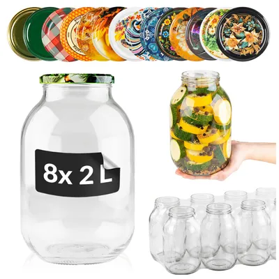 Zdjęcie produktu dla SuperButelki - Zestaw 8x Słoiki szklane 2l na przetwory, ogórki, nalewki, komplet słoik + zakrętki fi 83 mm, słoje 2000ml z zakrętkami, wielki słój