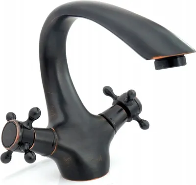 A dark bronze kitchen faucet with two cross-shaped handles.