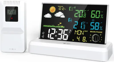 Productafbeelding van Digitale wekker met helder display en hoge resolutie. Binnen- en buitenthermometer en hygrometer. Weerstation met radio en draadloze weersvoorspelling