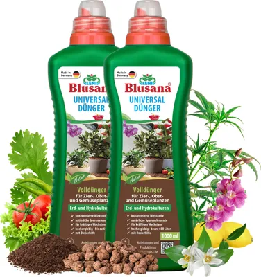 Produktbild von Blusana Universal Flüssigdünger 2 Liter NPK 6-3-6 Konzentrat mineralischer Volldünger für Zimmerpflanzen Balkonpflanzen Gartenpflanzen Kräuter Gemüse und Hydrokultur