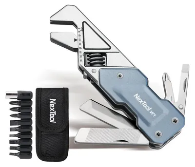 Produktbild von Multitool 6-in-1 Rollgabelschlüssel mit 9 Bits und Nylontasche aus Edelstahl