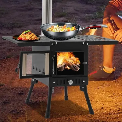 Productafbeelding van Houtoven met rookkanaal - Opvouwbaar campingfornuis met schoorsteen - Roestvrijstalen campingoven, robuust en hittebestendig - Buitenoven voor de tuin en camping, geschikt voor jagen en picknicks