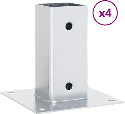 A single silver metal post base with a square opening and a flat base with screw holes.
