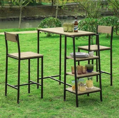Produktbild von Famanu Bartisch mit 2 Barhockern - Holz - 110x100x45 cm