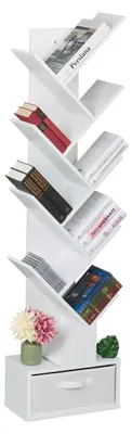 Bücherregal 9 Fächer Baumform 146x38x22 cm Weiß mit Schublade