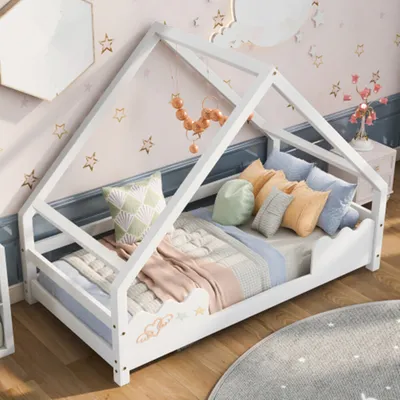 Produktbild von Hausbett Kinderbett 90x200cm,Holzbett,Jugendbett Massivholz in Weiß