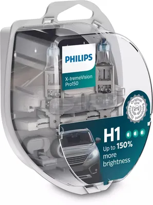 A product package for Philips X-treme Vision Pro150 H1 headlight bulbs.