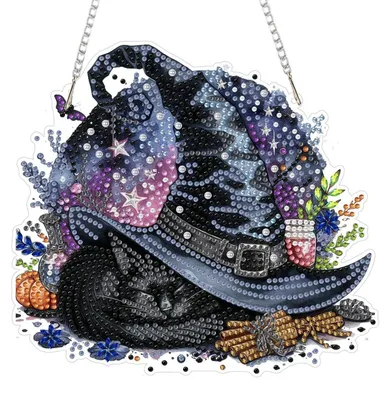 Image de Kit de création de pendentif "Chat d'Halloween" en strass 5D, avec chaîne, idéal pour la décoration de fenêtres ou comme ornement suspendu