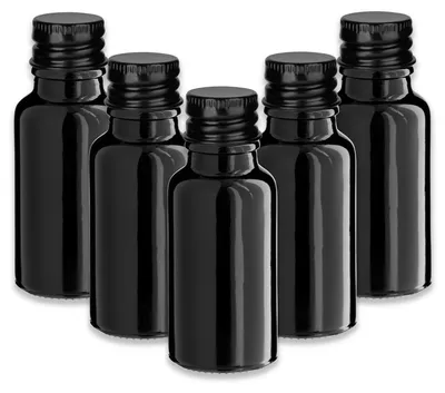 Produktbild von 5x Schwarze Glasflasche 20 ml mit schwarzem Aluminiumschraubverschluss