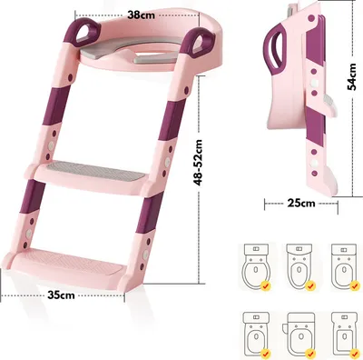 Produktbild von Yakimz Toilettentrainer Rosa für Kleinkinder | mit Treppe, faltbar, höhenverstellbar, Spritzschutz, rutschfeste Füße | Fußbretthöhe: 23cm, Toilettenhöhe: 38-42cm, V/O/U-Form