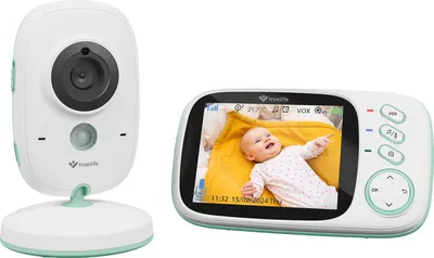 A baby monitor camera and its parent unit are displayed against a white background.