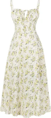 Produktbild von ASKSA Damen Sommer y aermellos Spaghettitraeger Boho Blumen Lang Kleid mit Schlitz (Gelb,M)