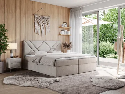 Produktbild von MKS MEBLE Boxspringbett 180x200 mit Matratze H3 und Bettkasten, Doppelbett Bett mit Stauraum und Topper, Polsterbett 180x200 mit Kopfteil - NEOMI - Beige Struktur - H3