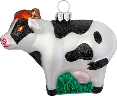 Produktbild von Christbaumschmuck Glas 9cm Kuh Figur Weiß / Schwarz