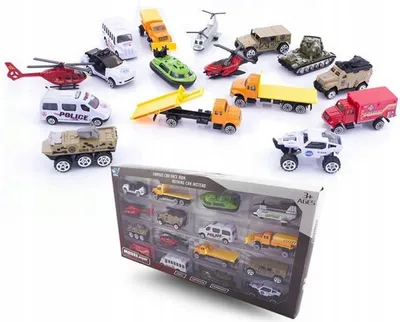 Produktbild von 16-teiliges Fahrzeugset: Armee, Polizei, Helikopter, Spielzeugautos