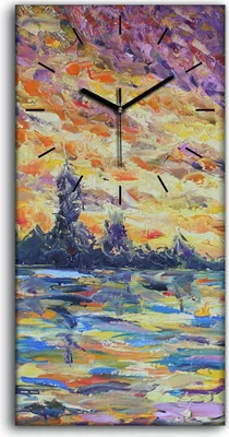 Produktbild von Wandkunst Leinwand Bild Uhr 30x60 Ölgemälde Bäume Himmel Sonnenuntergang Kunst - schwarze Hände