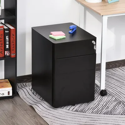 Produktbild von Rollcontainer – Mobiler Schrank – Schubladenschrank – Aktenschrank – Aufbewahrungsschrank – 3 Schubladen – Stahlgehäuse – Schwarz