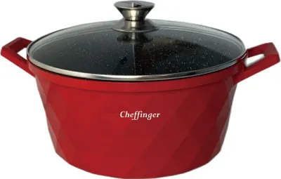 Image de Marmite en fonte d'aluminium avec couvercle en verre Ø32cm, induction, revêtement marbré, poêle rouge
