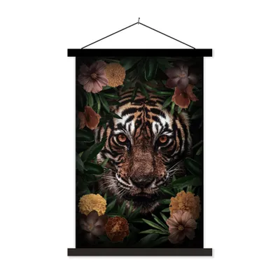 Produktbild von MuchoWow® Textilposter Tiger - Braun - Blumen 120x180 cm mit schwarzem Rahmen - Fotos