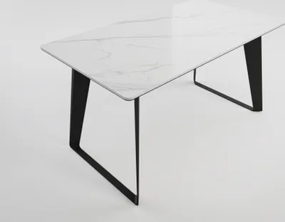 Produktbild von Esszimmertisch FLORINT 140x80cm weiße Keramikplatte schwarze Design-Tischkufen : Weiss