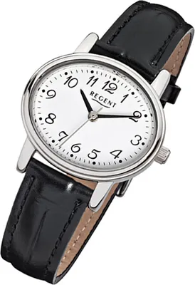 A close-up studio shot of a women's wristwatch with a black leather strap.