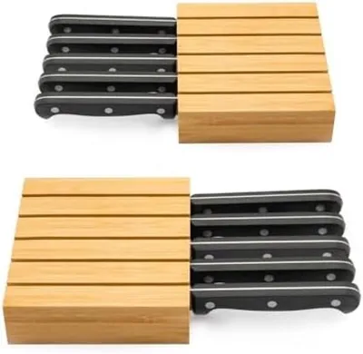 Produktbild von PromoHome® 2-teiliger Bambus-Messerorganizer für Schubladen – Aufbewahrungsblock für 10 Messer, Schwarz