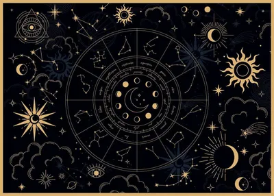A dark, mystical background with celestial imagery, including a zodiac wheel, constellations, suns, moons, and clouds.