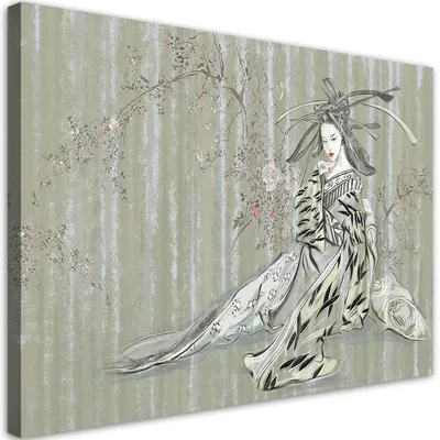 Produktbild von Leinwandbild traditionelle japanische geisha 90x60 cm Feeby grün wandbild bereit zum aufhängen