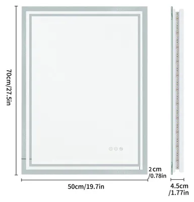Zdjęcie produktu dla Lustro do łazienki LED - Lustro ścienne 50x70 cm - Z możliwością regulacji jasności - Antyfogowe - Prostokątne - Podświetlane - Możliwość montażu w pionie lub poziomie - Klasa szczelności IP65