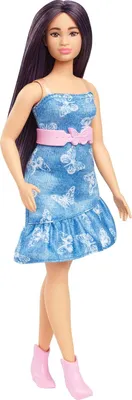 Produktbild von Barbie Fashionistas -Puppe Nr. 231 in Denim-Schmetterlingskleid mit rosa Gürtel, violettes Haar, Modepuppe, Weiblich, 3 Jahr(e), Mädchen, 298 mm, 174 g