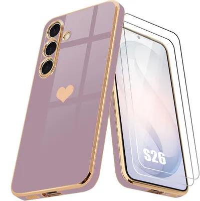 Image de Coque + 2 Verres Trempés pour Samsung Galaxy S26, Silicone Motif Cœur Antichoc Souple Anti-Rayures Ultra Slim - Violet