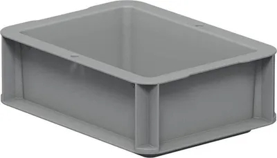 A gray plastic storage box is shown from a slightly elevated side angle against a light gray background.