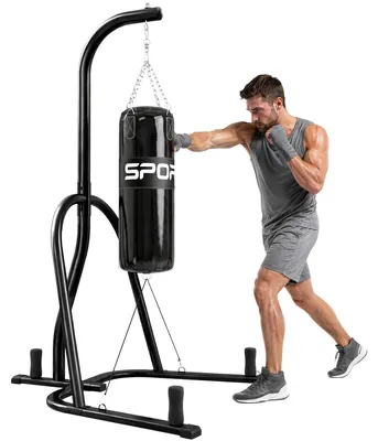 Produktbild von Boxsackständer Freistehender Boxsackhalter mit Boxsack Bungee-Seil 360° Kette U-basis Hantelscheibenhalterung Stahl
