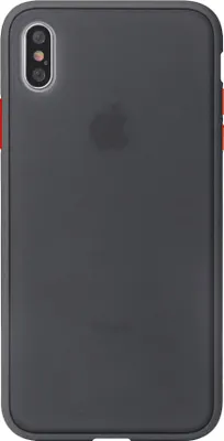 The back of a black iPhone case with a red accent on the side.