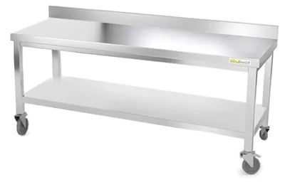 Productafbeelding van Werkblad van roestvrij staal, onderstel 2000 x 500 mm, voorzien van wielen, PREMIUM kwaliteit - GOLDINOX